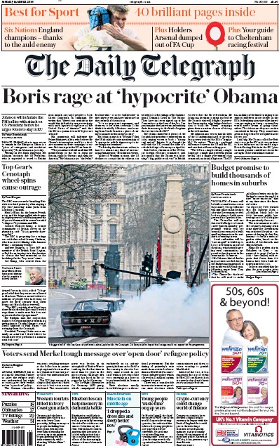 The Daily Telegraph Newspaper Front Page for 14 March 2016