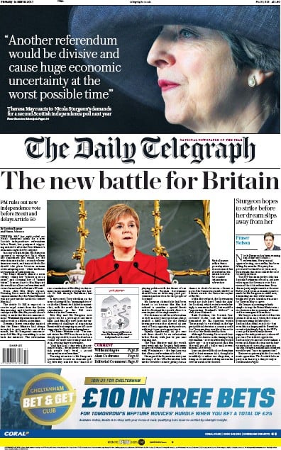 The Daily Telegraph Newspaper Front Page for 14 March 2017