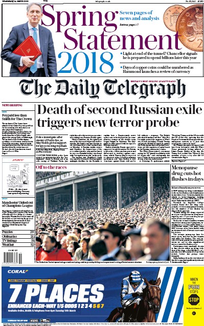 The Daily Telegraph Newspaper Front Page for 14 March 2018