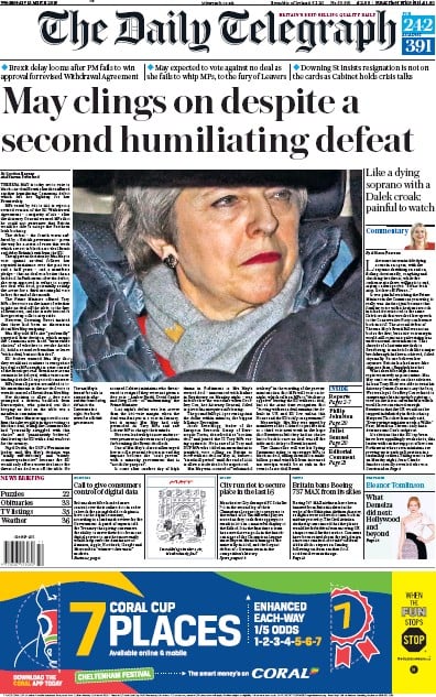 The Daily Telegraph (UK) Newspaper Front Page for 14 March 2019