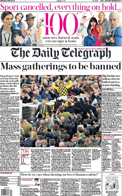 The Daily Telegraph Newspaper Front Page for 14 March 2020