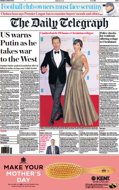 The Daily Telegraph Newspaper Front Page for 14 March 2022