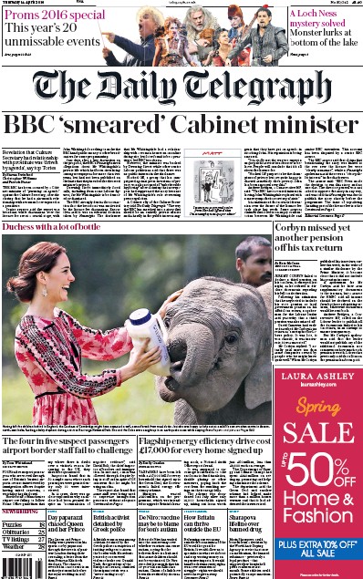 The Daily Telegraph Newspaper Front Page for 14 April 2016