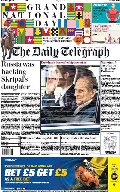 The Daily Telegraph Newspaper Front Page for 14 April 2018