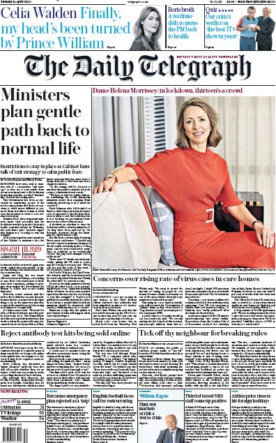 The Daily Telegraph Newspaper Front Page for 14 April 2020