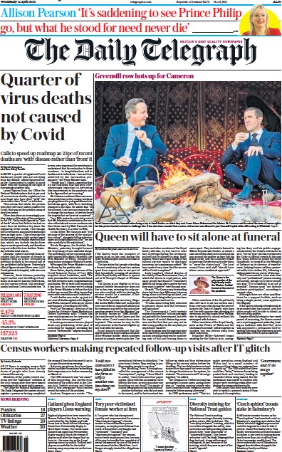 The Daily Telegraph (UK) Newspaper Front Page for 14 April 2021