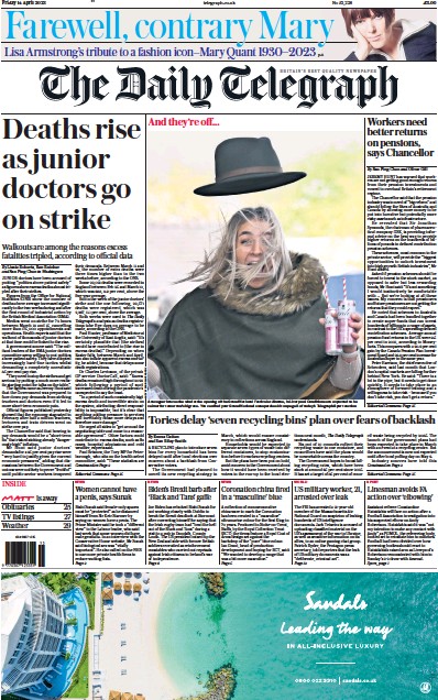 The Daily Telegraph (UK) Newspaper Front Page for 14 April 2023