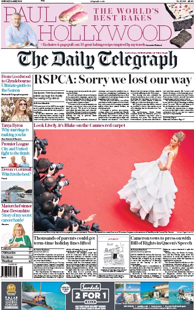 The Daily Telegraph (UK) Newspaper Front Page for 14 May 2016