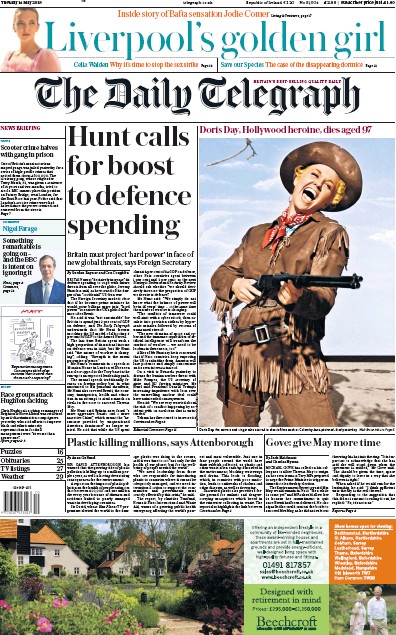 The Daily Telegraph (UK) Newspaper Front Page for 14 May 2019