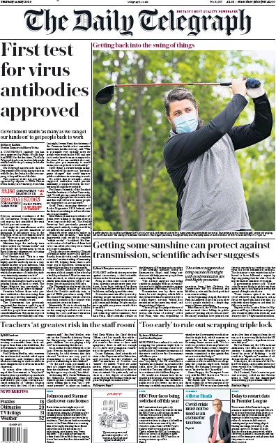 The Daily Telegraph Newspaper Front Page for 14 May 2020
