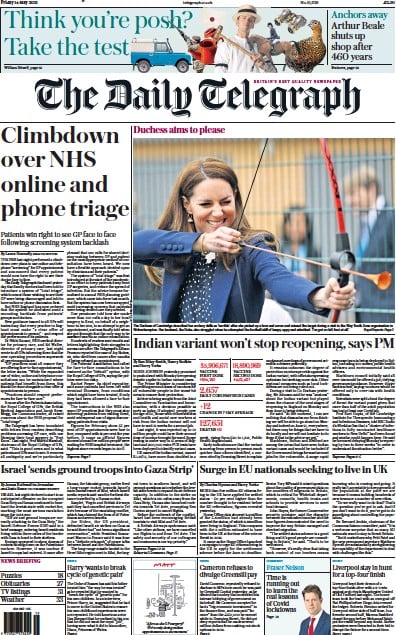 The Daily Telegraph (UK) Newspaper Front Page for 14 May 2021