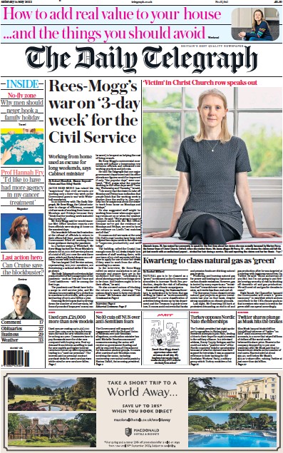 The Daily Telegraph (UK) Newspaper Front Page for 14 May 2022