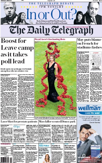 The Daily Telegraph Newspaper Front Page for 14 June 2016