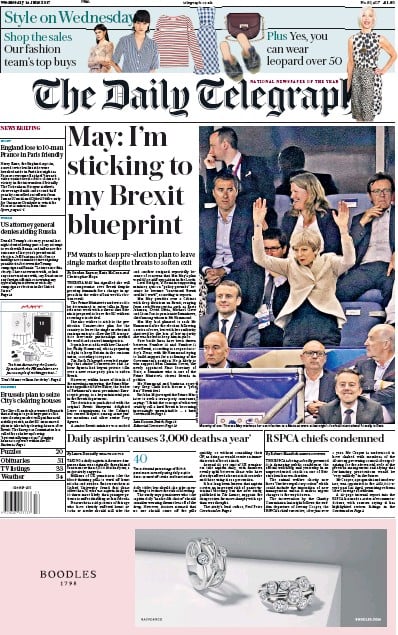The Daily Telegraph (UK) Newspaper Front Page for 14 June 2017