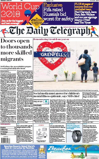 The Daily Telegraph (UK) Newspaper Front Page for 14 June 2018