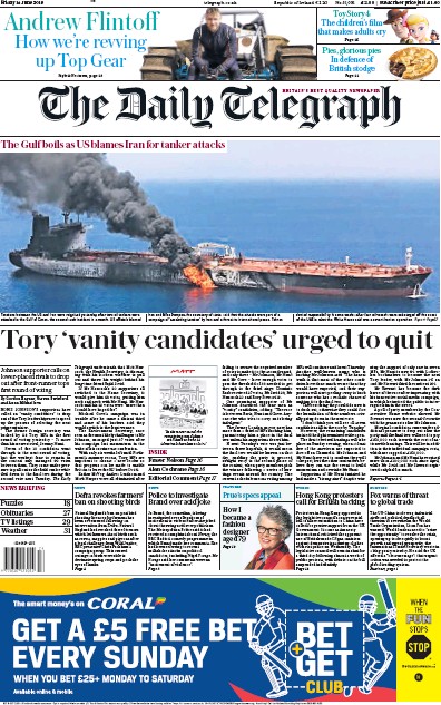 The Daily Telegraph Newspaper Front Page for 14 June 2019