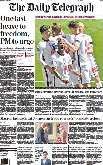 The Daily Telegraph (UK) Newspaper Front Page for 14 June 2021