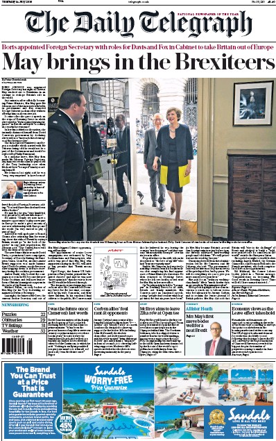 The Daily Telegraph (UK) Newspaper Front Page for 14 July 2016