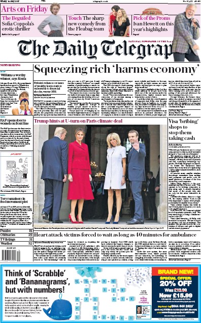 The Daily Telegraph (UK) Newspaper Front Page for 14 July 2017