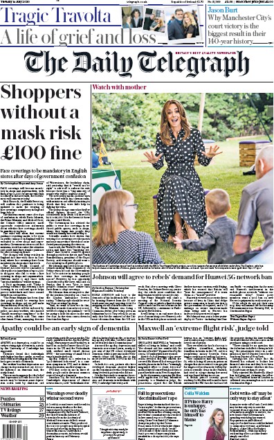 The Daily Telegraph (UK) Newspaper Front Page for 14 July 2020