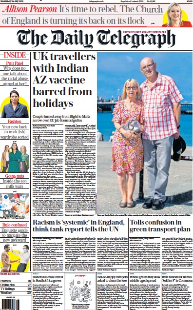 The Daily Telegraph (UK) Newspaper Front Page for 14 July 2021