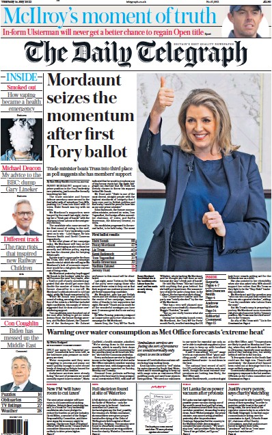 The Daily Telegraph (UK) Newspaper Front Page for 14 July 2022