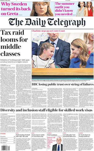 The Daily Telegraph (UK) Newspaper Front Page for 14 July 2025
