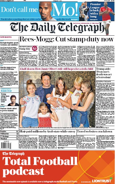 The Daily Telegraph Newspaper Front Page for 14 August 2017