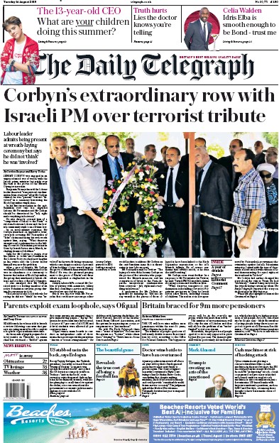 The Daily Telegraph Newspaper Front Page for 14 August 2018