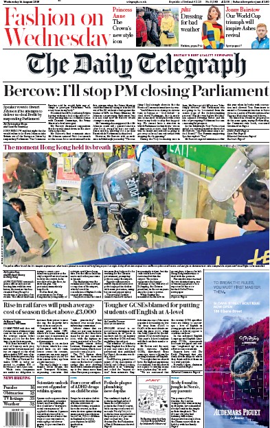 The Daily Telegraph Newspaper Front Page for 14 August 2019
