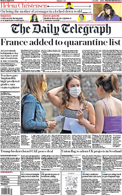 The Daily Telegraph Newspaper Front Page for 14 August 2020