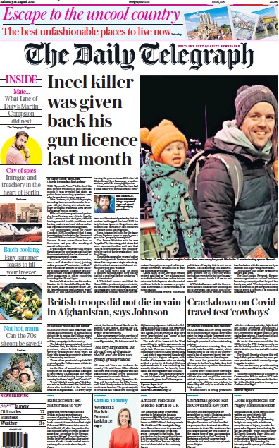 The Daily Telegraph (UK) Newspaper Front Page for 14 August 2021
