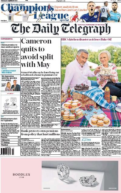 The Daily Telegraph Newspaper Front Page for 14 September 2016