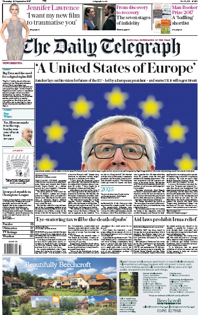 The Daily Telegraph Newspaper Front Page for 14 September 2017