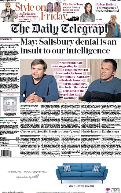 The Daily Telegraph Newspaper Front Page for 14 September 2018
