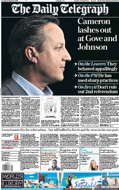 The Daily Telegraph Newspaper Front Page for 14 September 2019