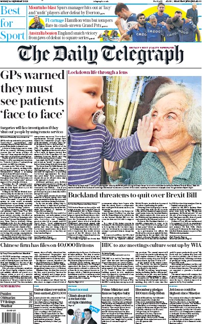 The Daily Telegraph Newspaper Front Page for 14 September 2020