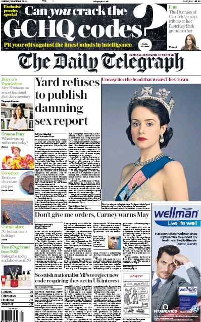 The Daily Telegraph (UK) Newspaper Front Page for 15 October 2016