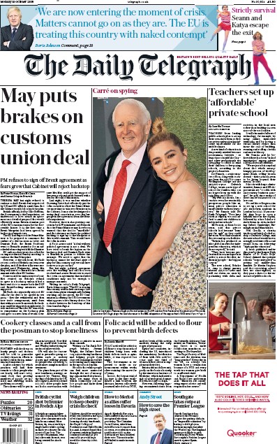 The Daily Telegraph Newspaper Front Page for 15 October 2018
