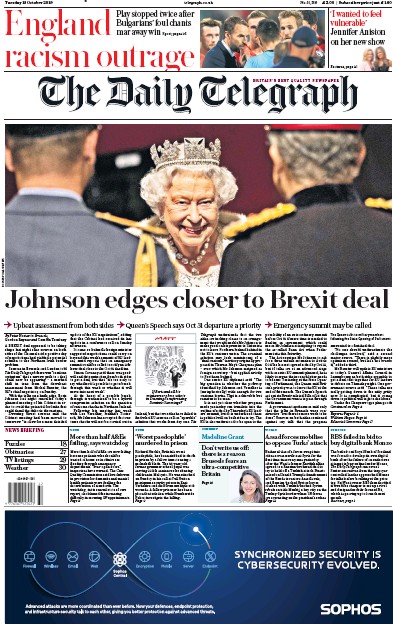 The Daily Telegraph Newspaper Front Page for 15 October 2019