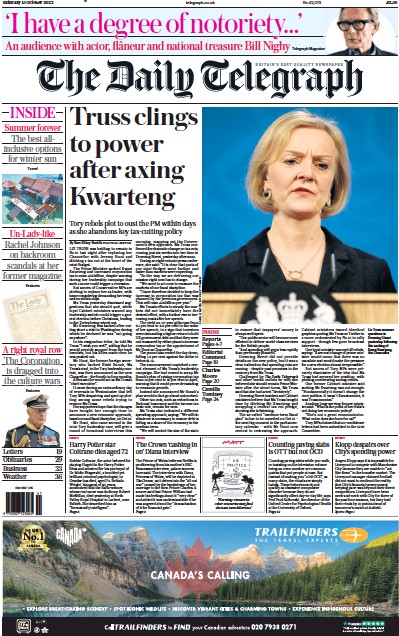 The Daily Telegraph Newspaper Front Page for 15 October 2022