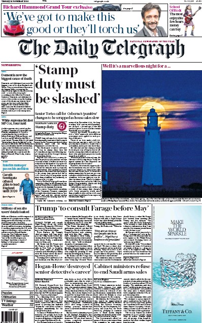 The Daily Telegraph Newspaper Front Page for 15 November 2016
