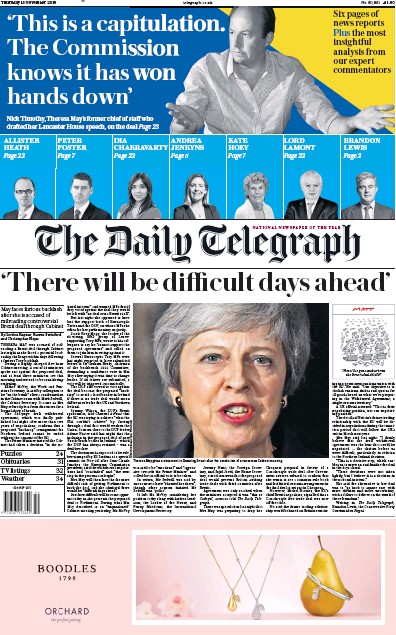 The Daily Telegraph Newspaper Front Page for 15 November 2018