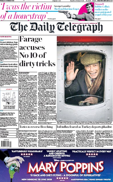 The Daily Telegraph (UK) Newspaper Front Page for 15 November 2019