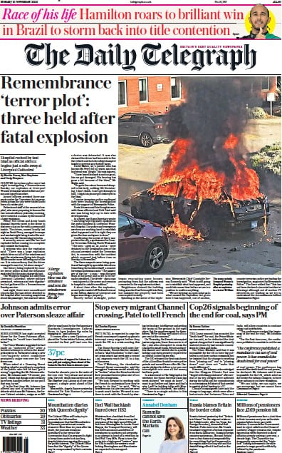The Daily Telegraph (UK) Newspaper Front Page for 15 November 2021