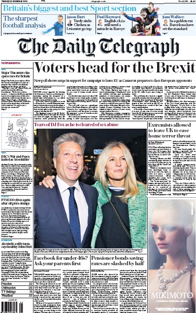The Daily Telegraph (UK) Newspaper Front Page for 15 December 2015