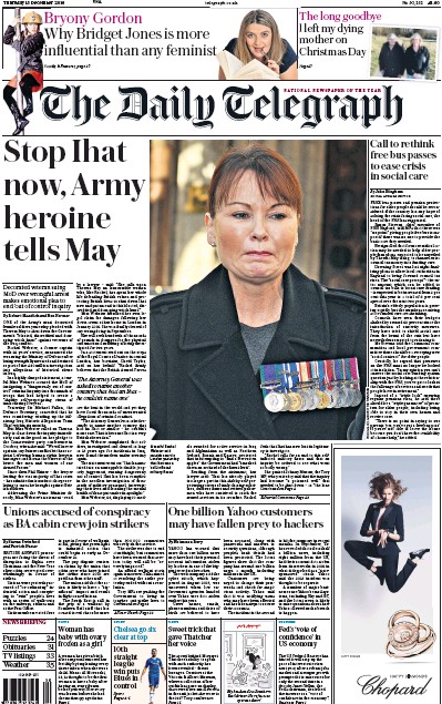 The Daily Telegraph Newspaper Front Page for 15 December 2016