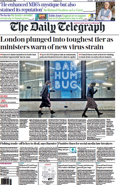 The Daily Telegraph (UK) Newspaper Front Page for 15 December 2020
