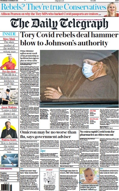 The Daily Telegraph (UK) Newspaper Front Page for 15 December 2021