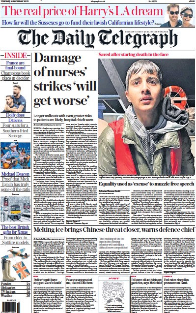 The Daily Telegraph (UK) Newspaper Front Page for 15 December 2022